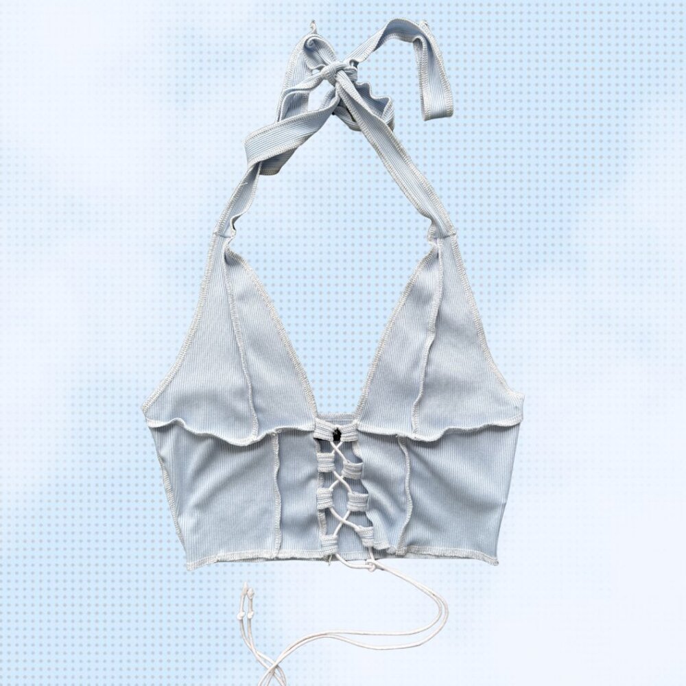 SHEIN Light Blue Ribbed Lace Up Halter Top Corset Style Y2K S - Picture 1 of 3